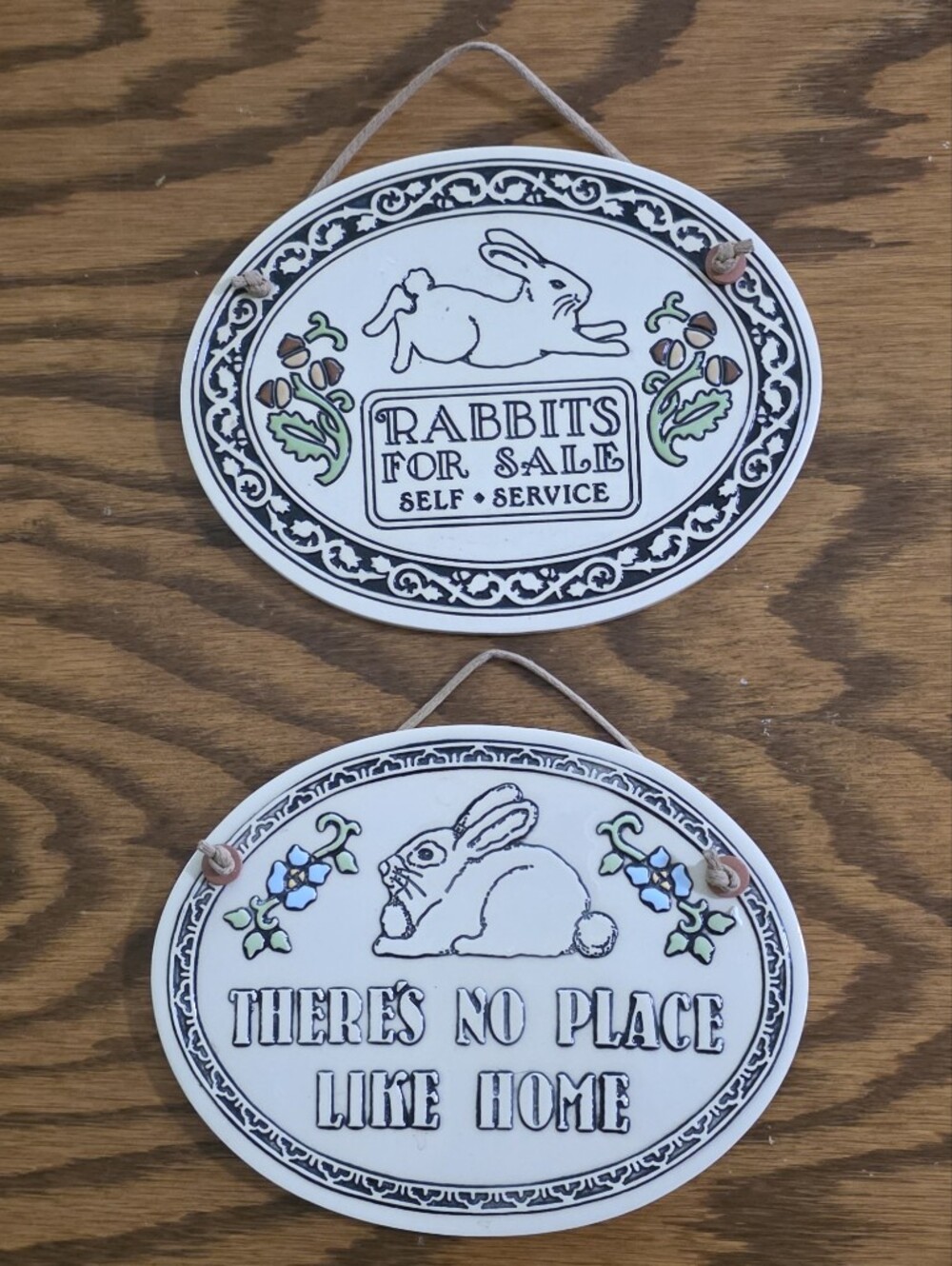 Oval Bunny Ceramic  Wall Plaques - White with Black and Pastel Accents